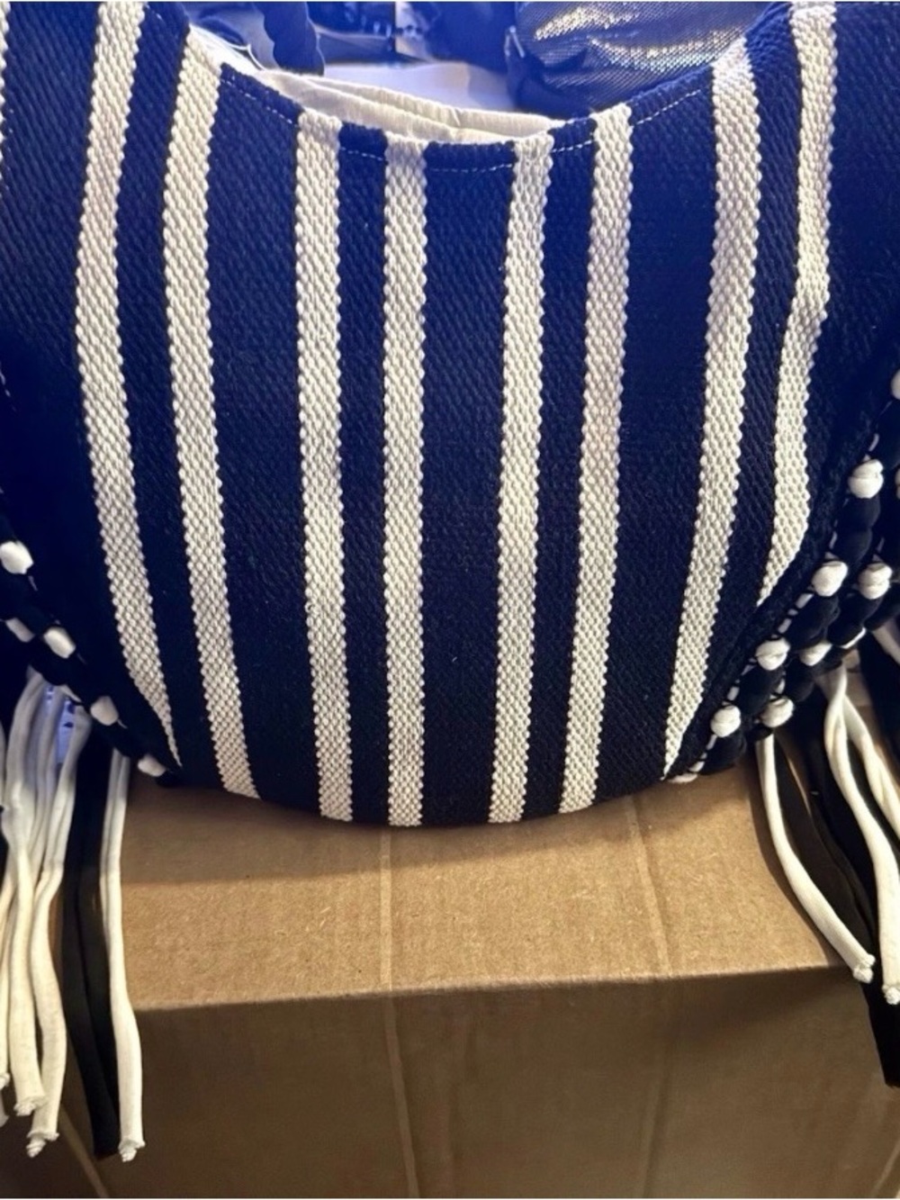 Time and Tru Black & White Striped Woven Tote Bag with Fringe